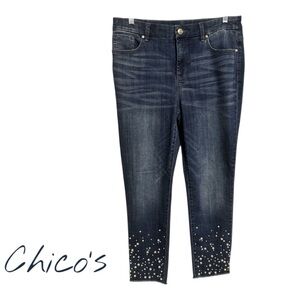 Chico's Women's Blue Jeans with Pearl Embellishments. Excellent Condition!